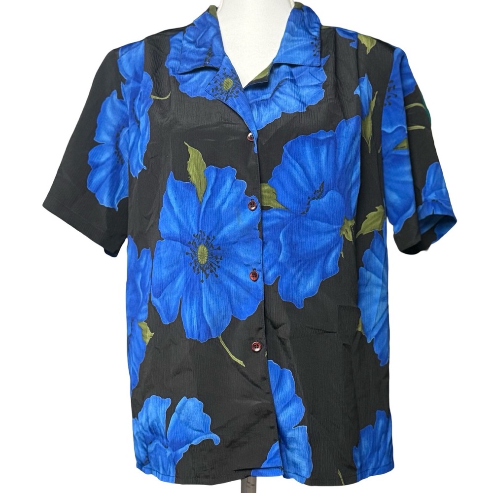 Vintage‎ 90s Truffles Blue Floral Camp Shirt Made USA Womens Large